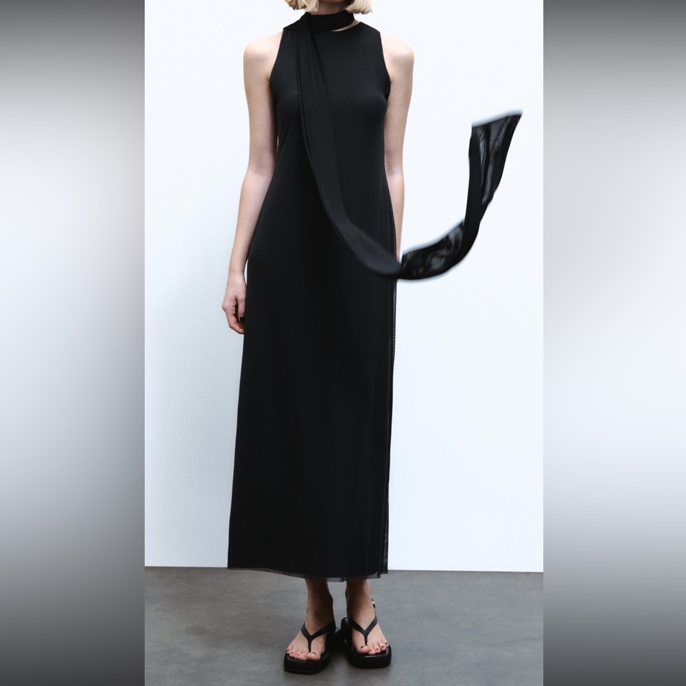ZARA Tied Tulle Midi Dress | Black | Size S